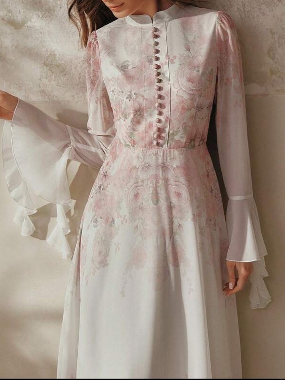 Floral Pink A-Line Long Sleeve Dress